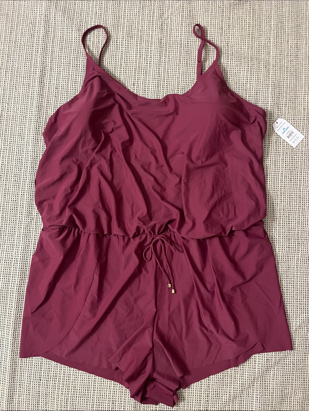 Women's Burgundy Swim Romper with Drawstring Waist